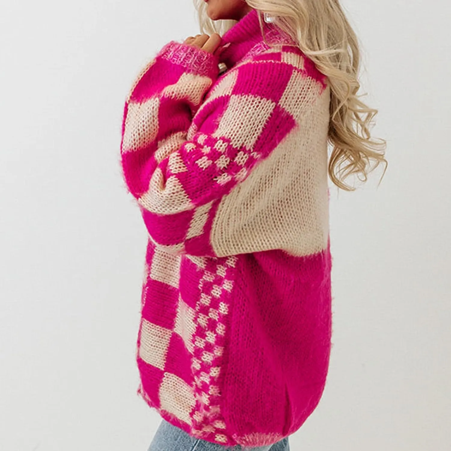 Womens Plaid Sweater Cardigan Checkered Button Down Contrast Long Sleeve Coats Cable Knit Oversized Sweaters Tops