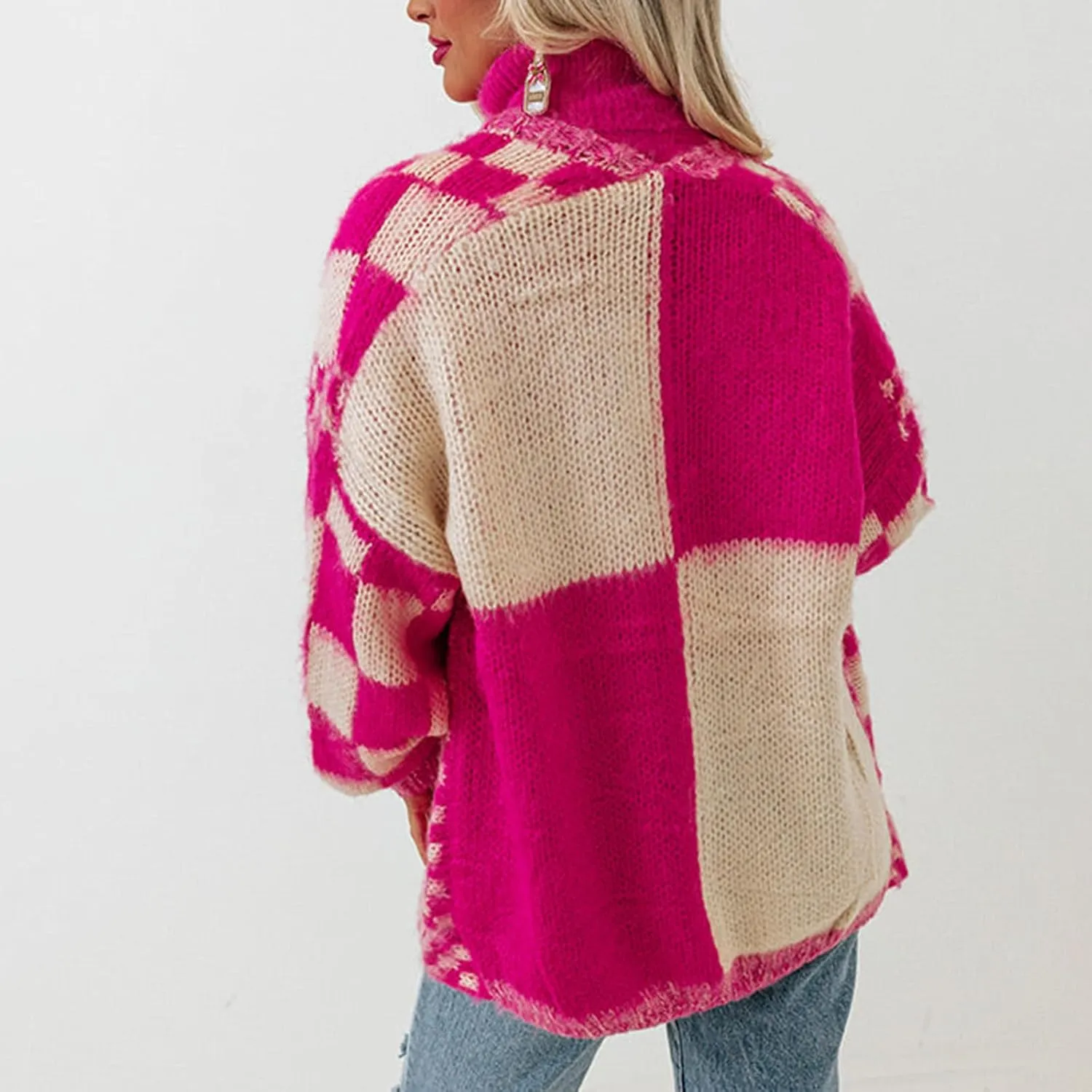 Womens Plaid Sweater Cardigan Checkered Button Down Contrast Long Sleeve Coats Cable Knit Oversized Sweaters Tops