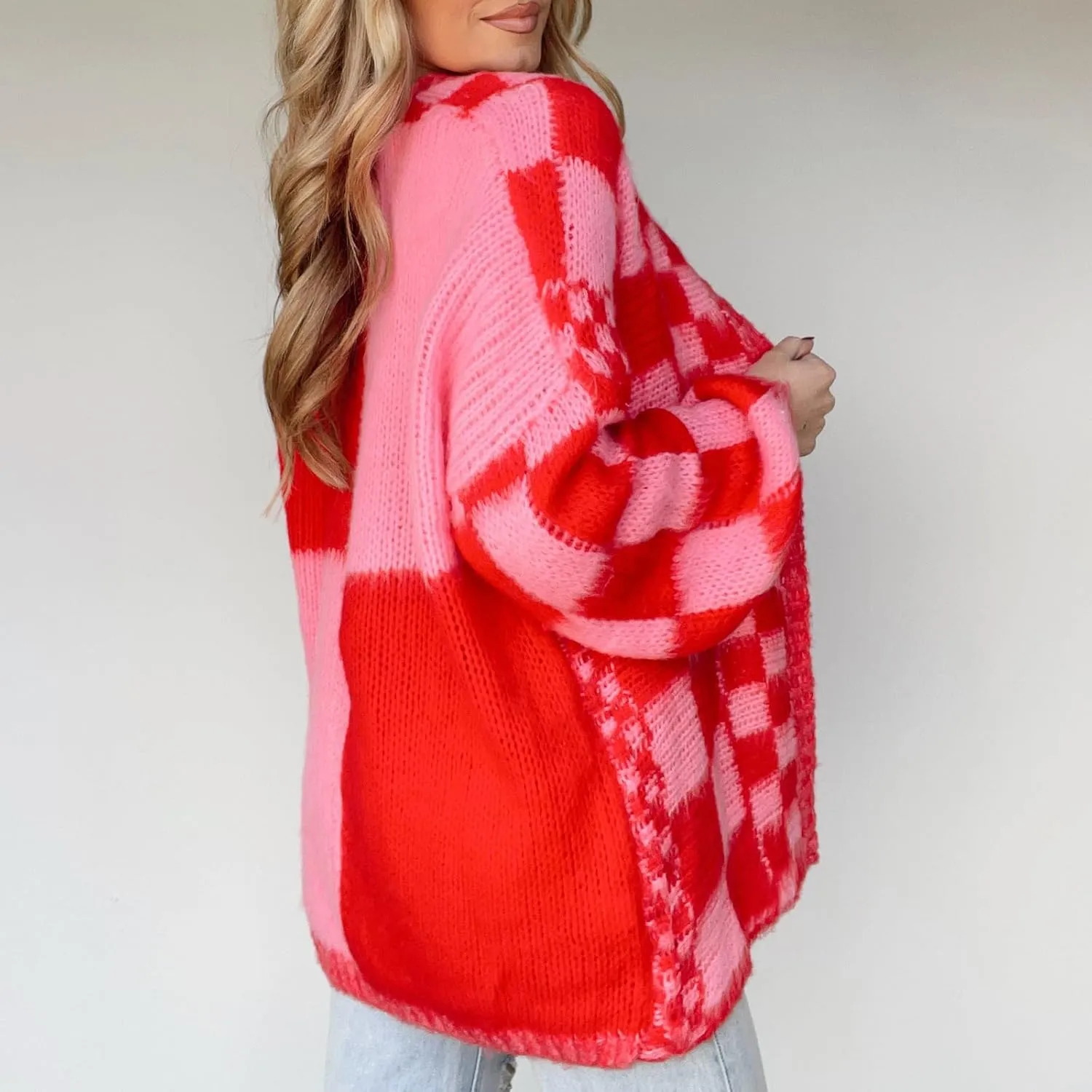 Womens Plaid Sweater Cardigan Checkered Button Down Contrast Long Sleeve Coats Cable Knit Oversized Sweaters Tops