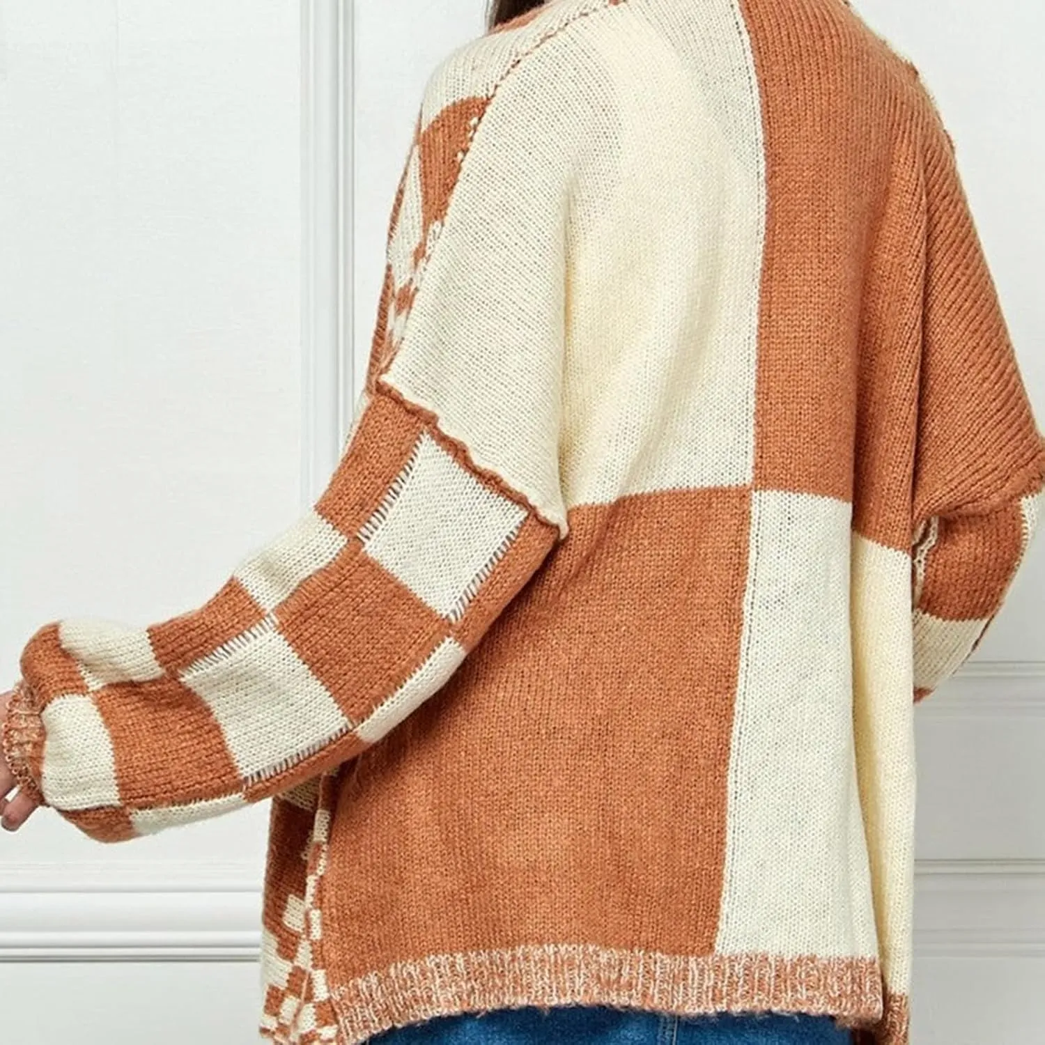 Womens Plaid Sweater Cardigan Checkered Button Down Contrast Long Sleeve Coats Cable Knit Oversized Sweaters Tops