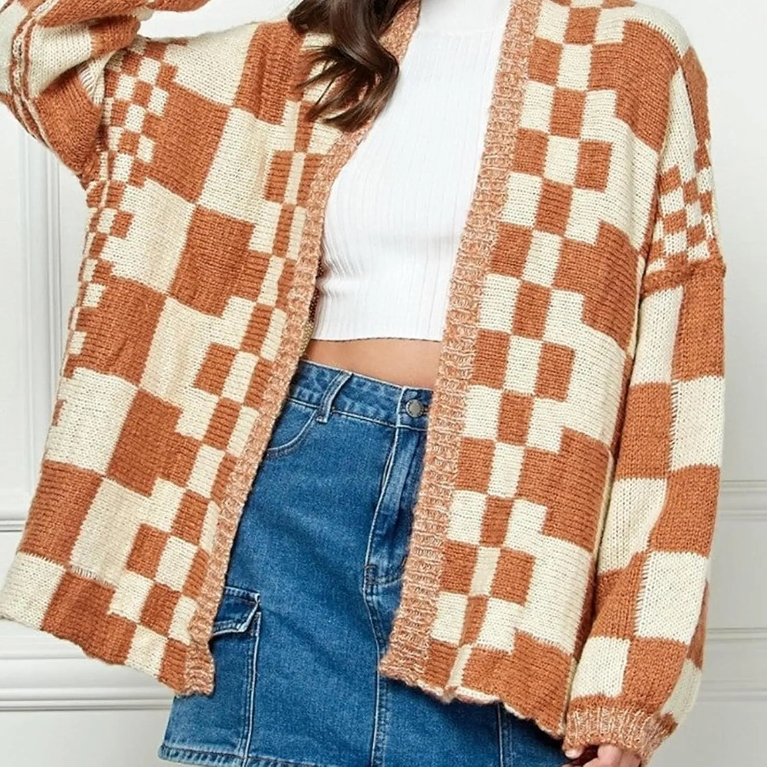 Womens Plaid Sweater Cardigan Checkered Button Down Contrast Long Sleeve Coats Cable Knit Oversized Sweaters Tops