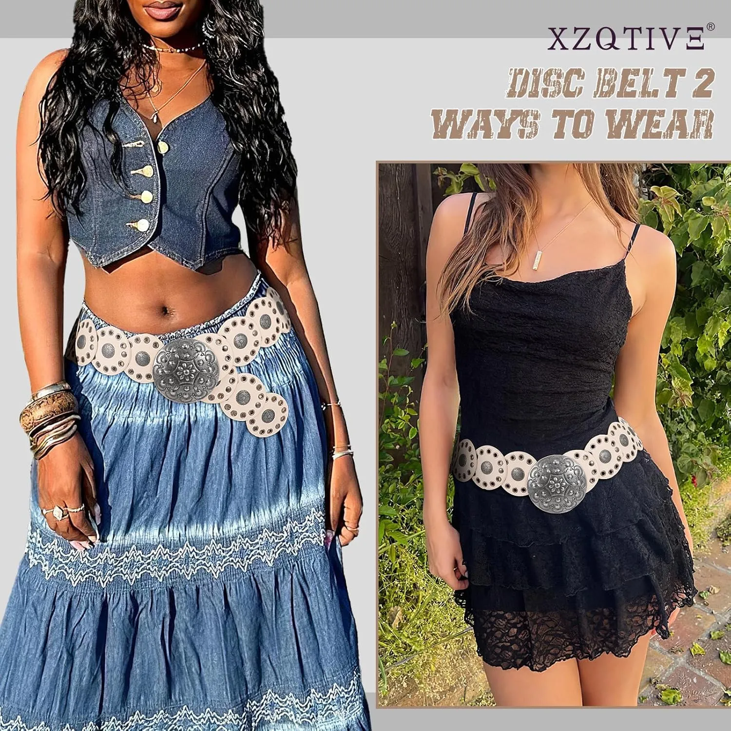 XZQTIVE Women's Western Belt with Concho Discs Adjustable Cowgirl Waist Belt Vintage Wide Disc Design for Dresses Jeans